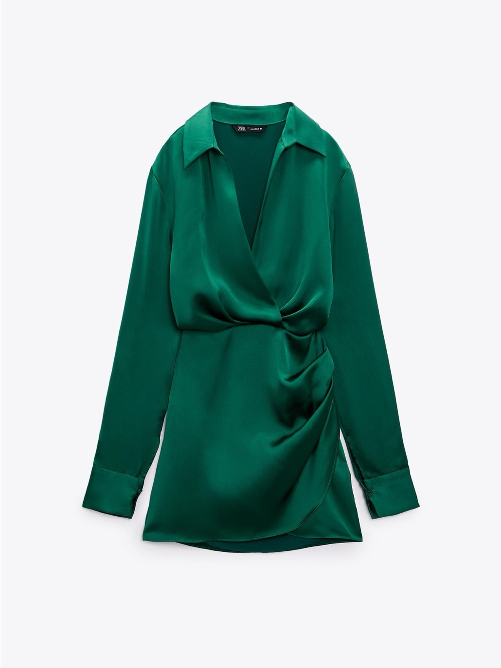 Zara Satin Deep Green Long Sleeve Wrap-Style Dress